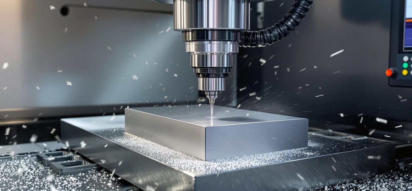 CNC machine cutting aluminum block with high-speed spindle