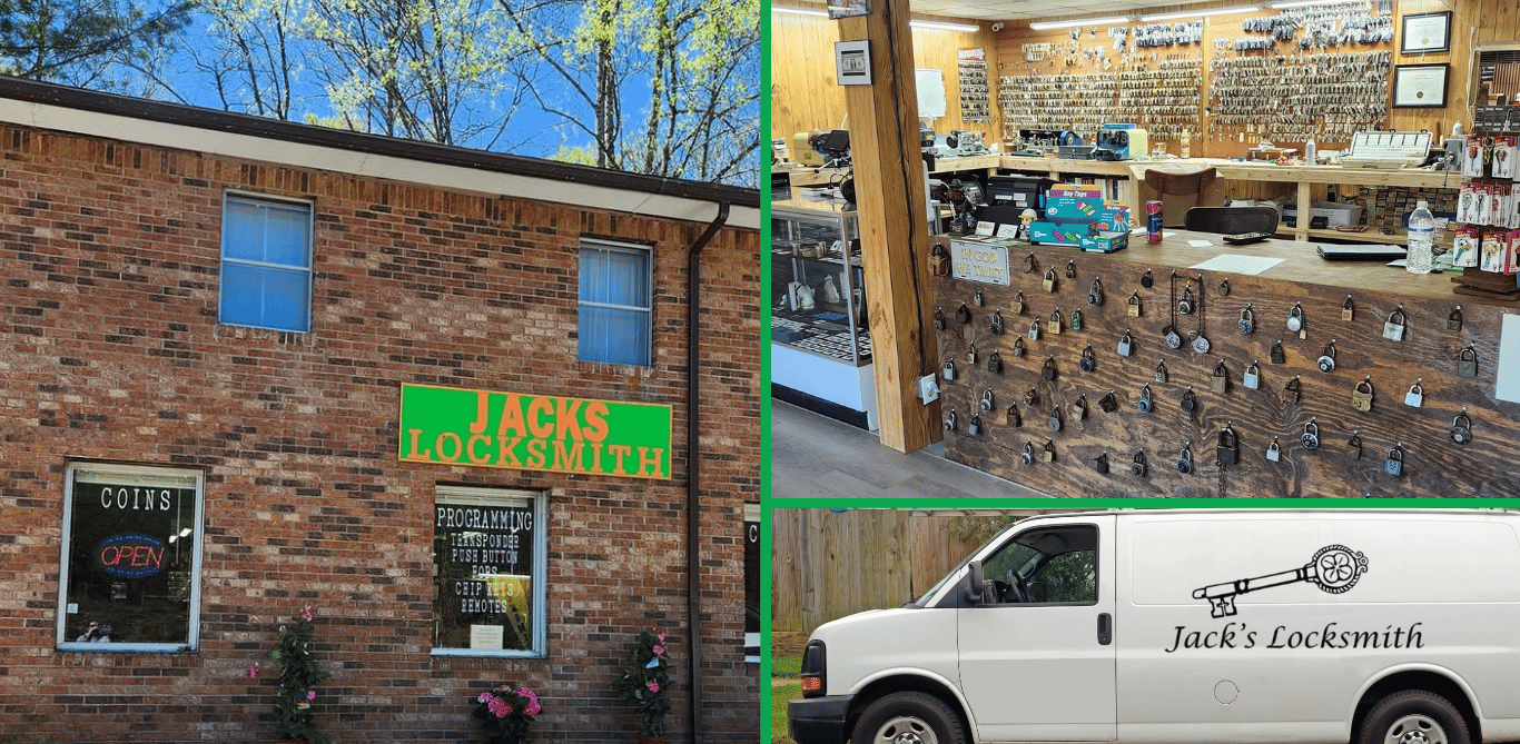 A hero image for Jack’s locksmith of a collage with the storefront in Burnsville, NC, and mobile locksmith services