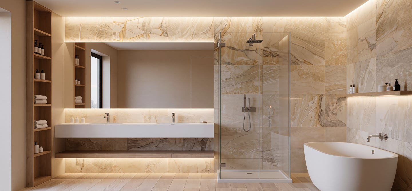 Cozy modern bathroom with warm lighting and spa-like atmosphere