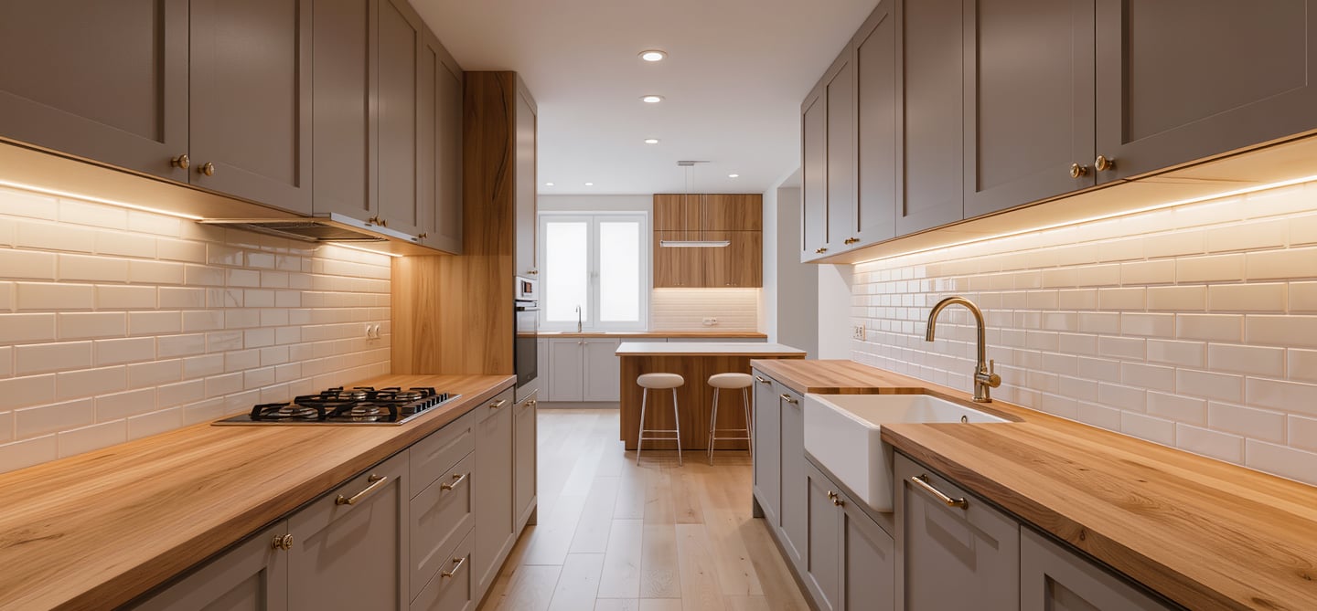 Cozy modern kitchen with wide view and warm ambient lighting