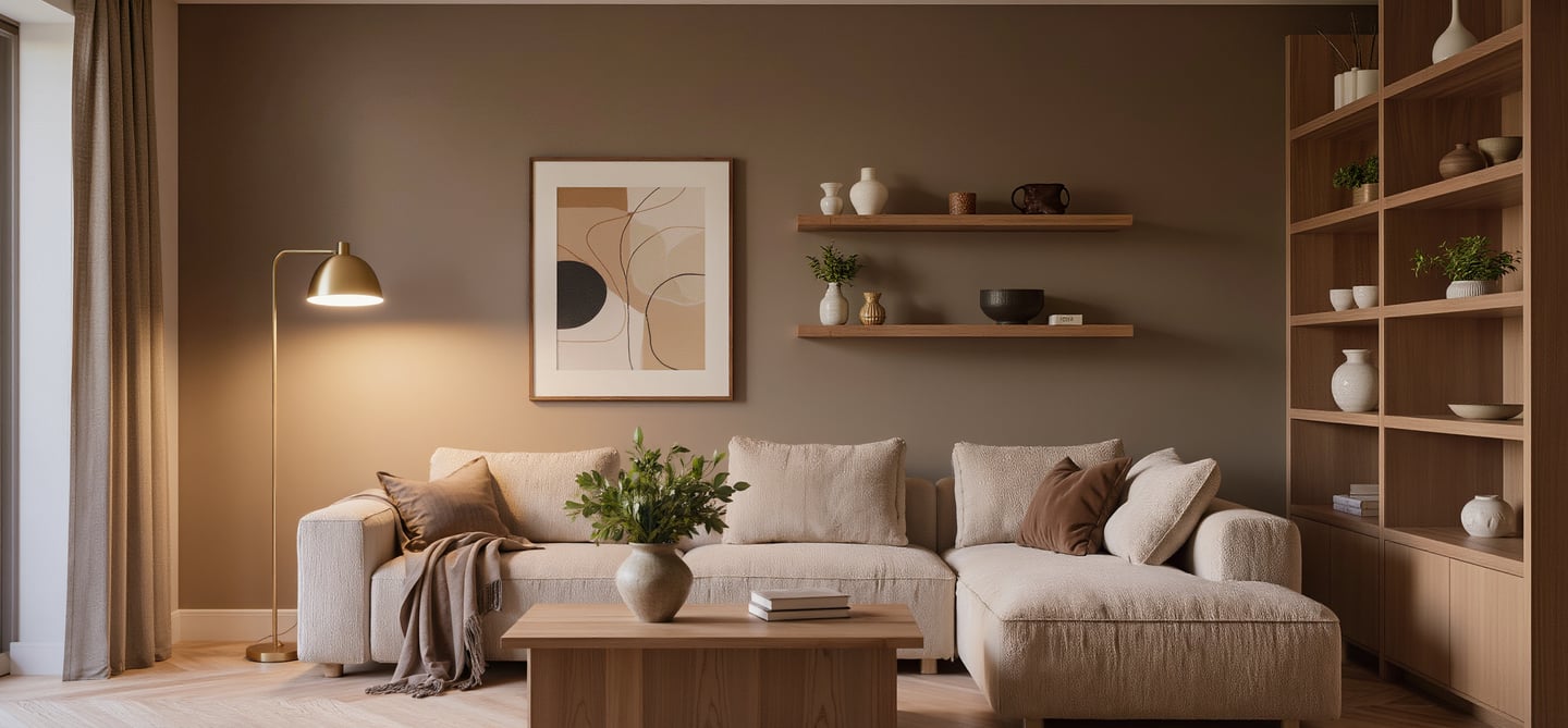 Cozy modern living room with soft textures and warm atmosphere