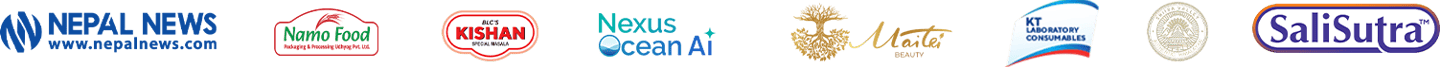 A collection of business logos including Nepal News, Namo Food, Nexus Ocean Ai, and SaliSutra.