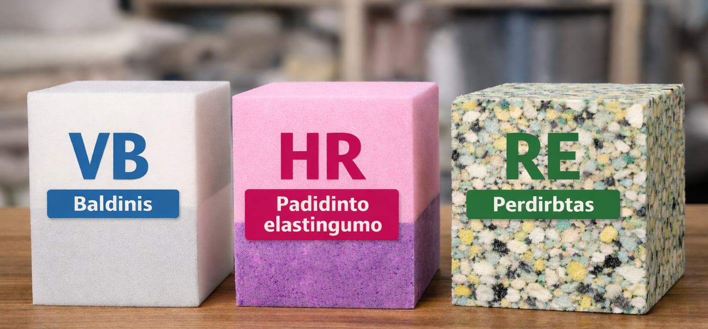 Porolono rūšys – VB klasės baltas ir šviesiai pilkas porolonas, HR klasės rožinis ir violetinis