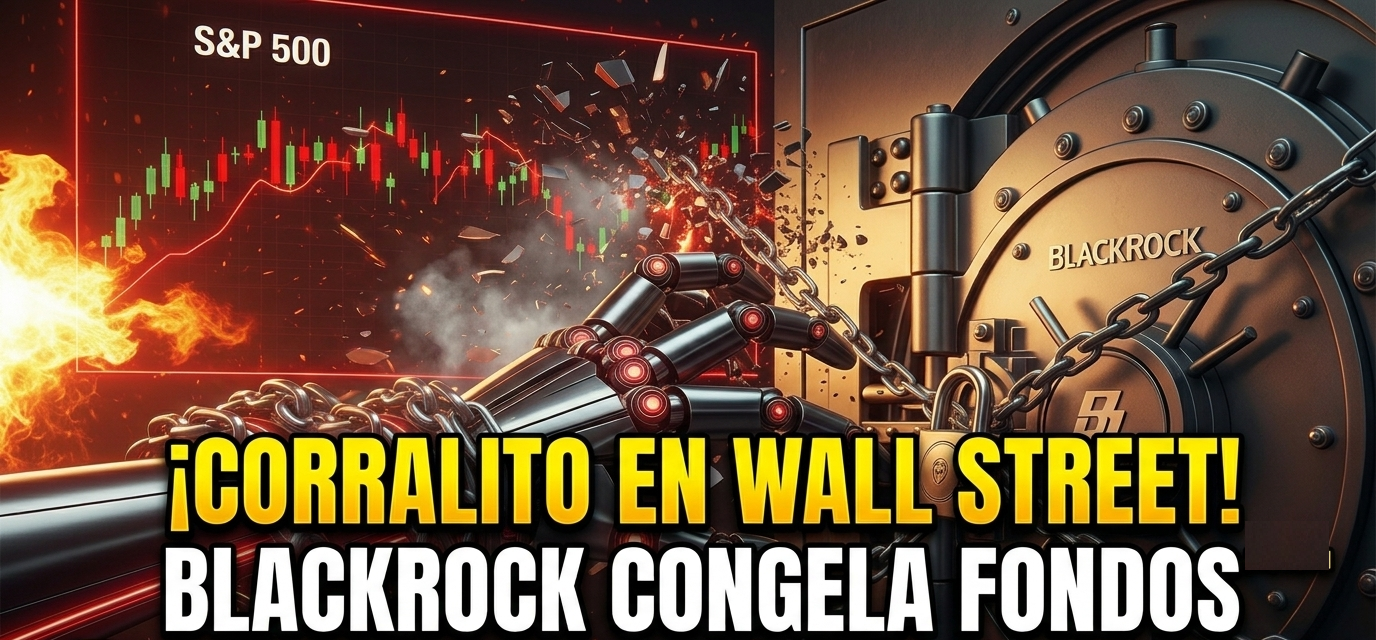 BlackRock bank vault with robotic arm and S&P 500 stock market chart showing a financial crash.