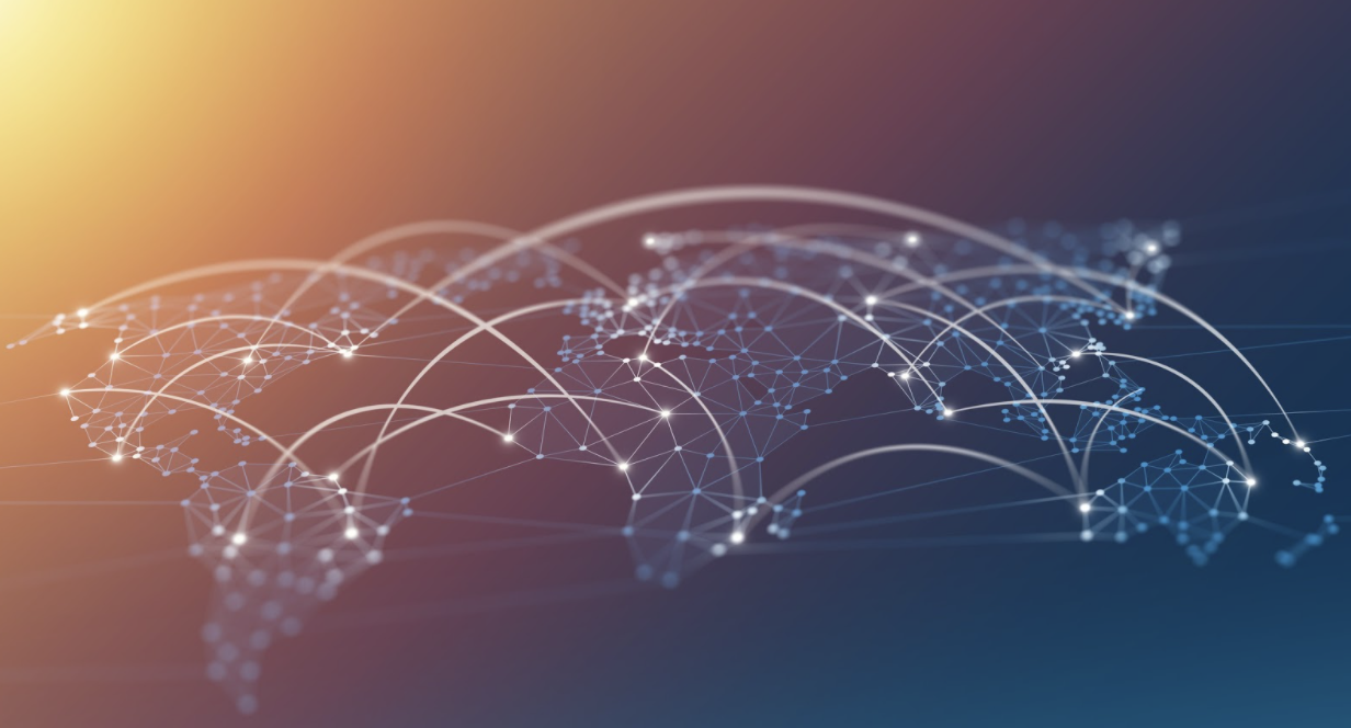 Digital global network connection map with glowing nodes and data lines representing worldwide technology.