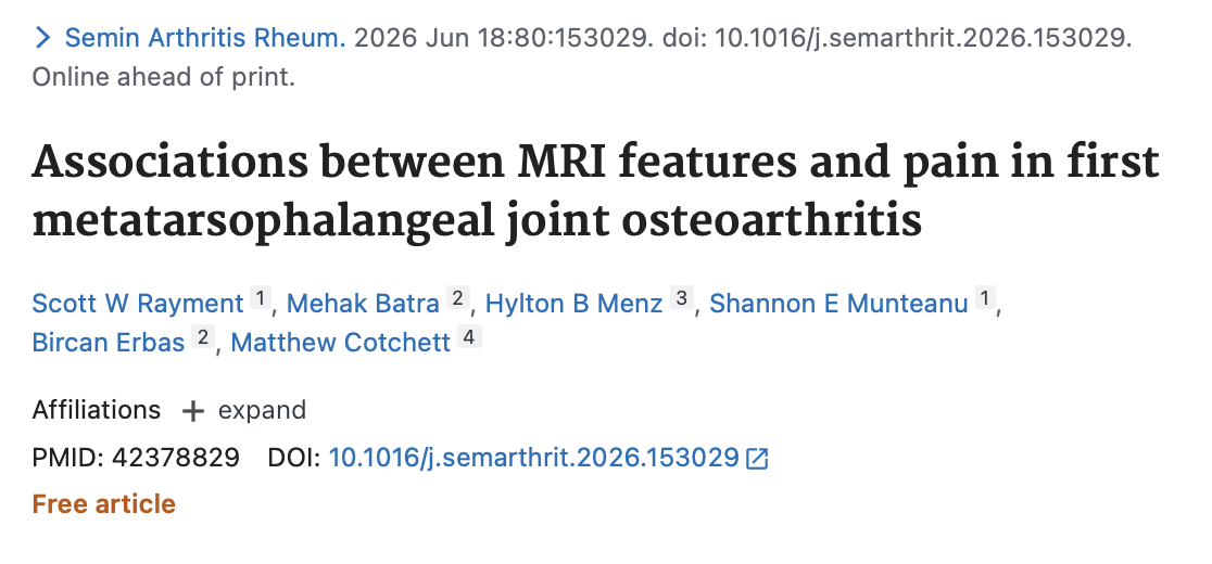 PubMed listing for study on MRI features and pain in first MTP joint osteoarthritis by Rayment et al.