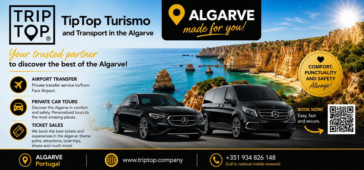 TipTop Turismo airport transfer and private car tours in Algarve with black Mercedes luxury vehicles.