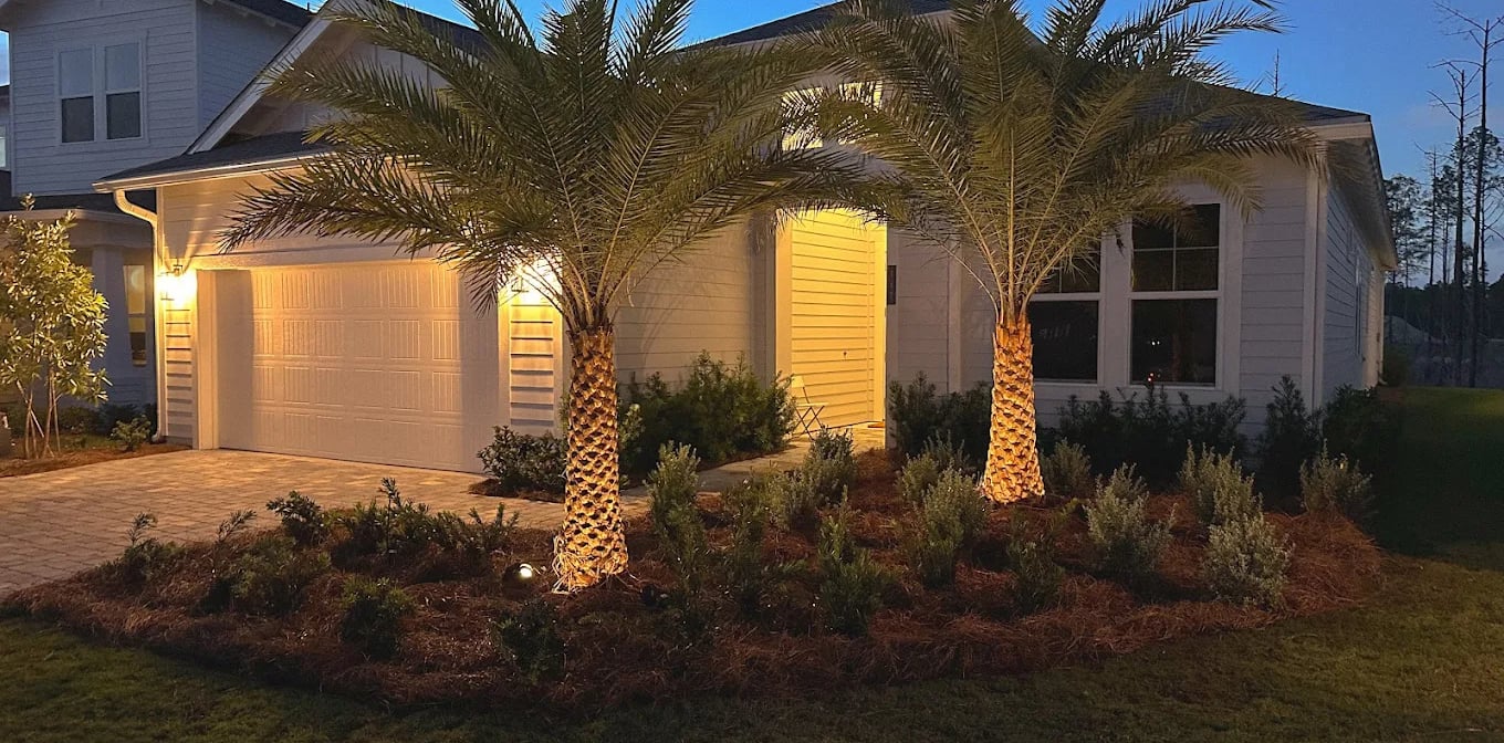 Illuminated modern white house with palm tree landscaping and outdoor garden lighting at twilight.