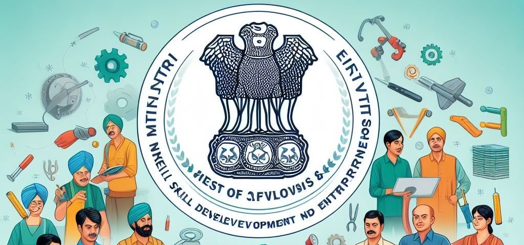 Diverse group of individuals participating in vocational training, Ministry of Skill Development and Entrepreneurship logo in