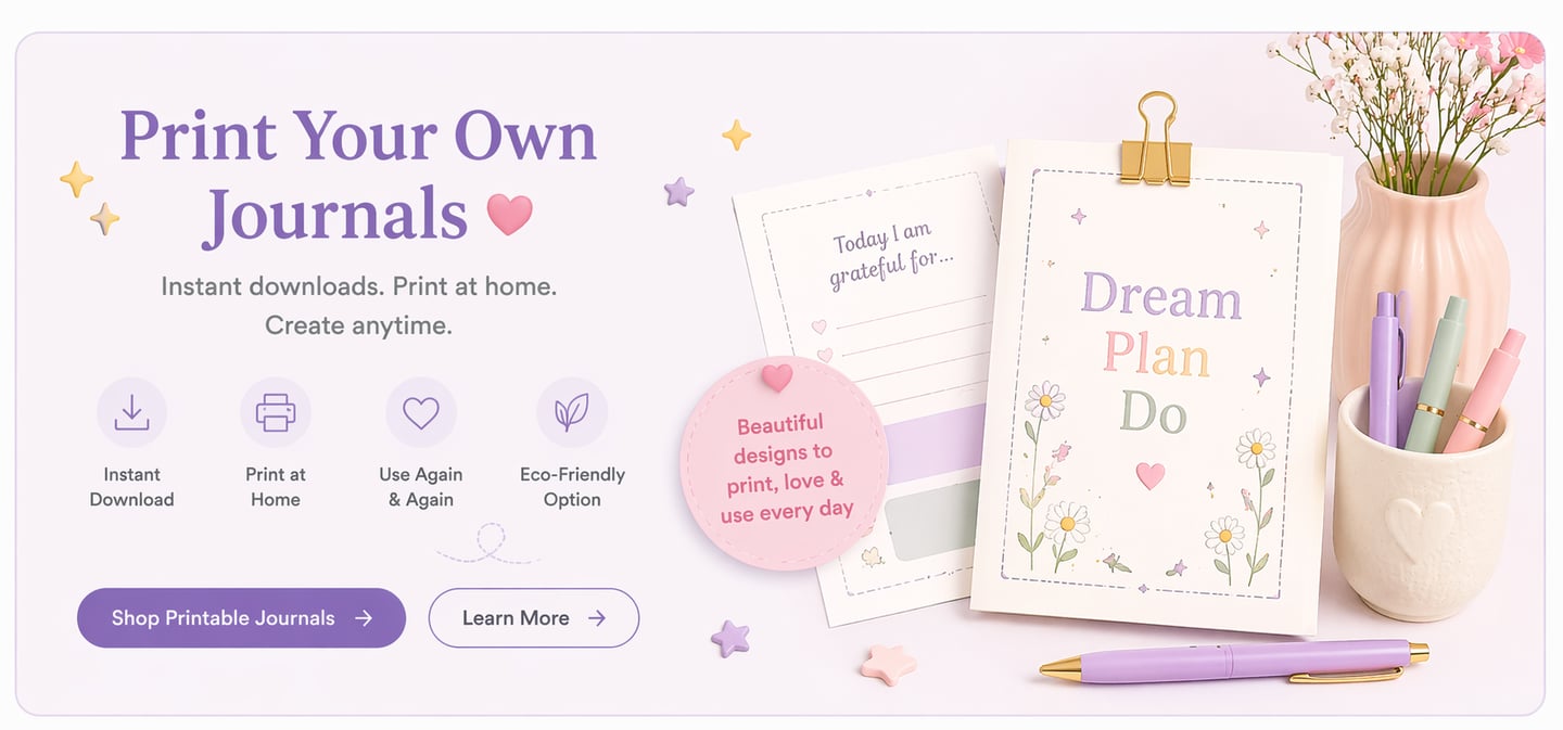 Printable journals and gratitude planners with pastel floral designs and stationery desk accessories.