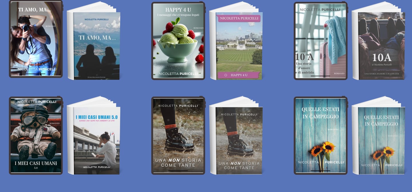 Copertine dei 6 romanzi di Nicoletta, divise per libro con la versione digitale e quella cartacea