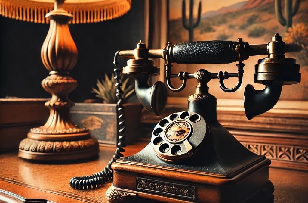 Antique phone on antique desk in beautiful office