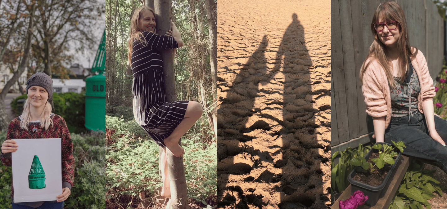A photo collage of a woman enjoying nature, tree climbing, gardening, and holding artwork.