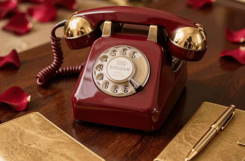 Elegant gold and red themed contact desk with a vintage telephone and fresh flowers.