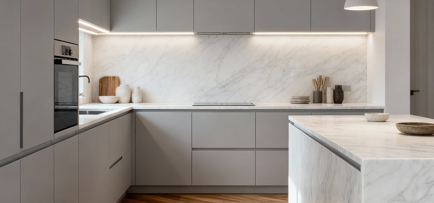 Cocina minimalista moderna a medida con isla en acabado mármol blanco y muebles grises