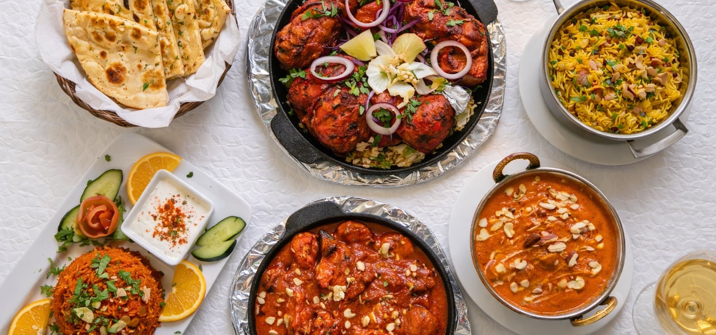 Indian feast with tandoori chicken, butter chicken curry, basmati rice, and garlic naan bread.