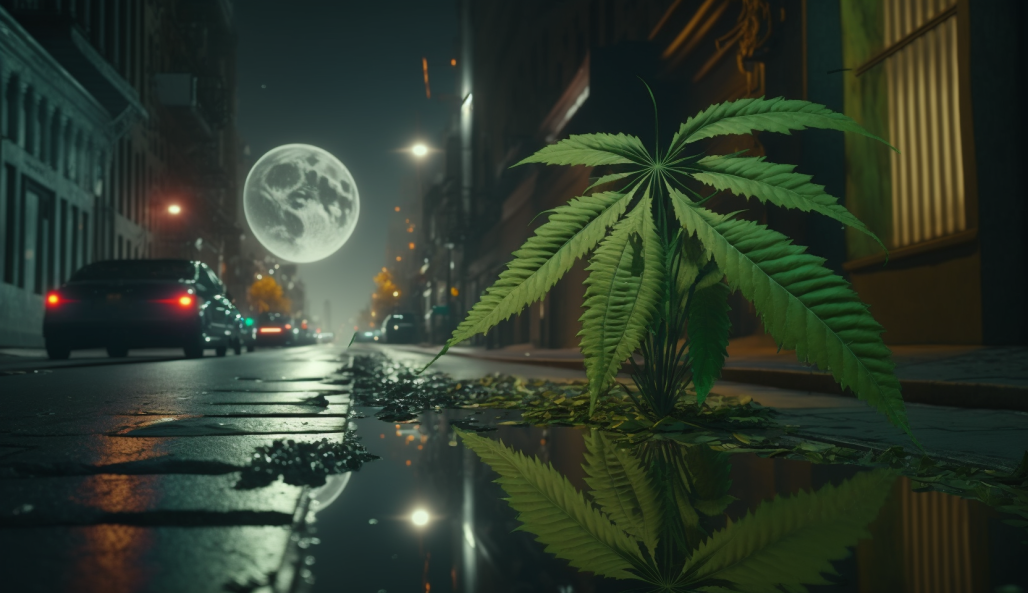 cannabis plant in the city at night