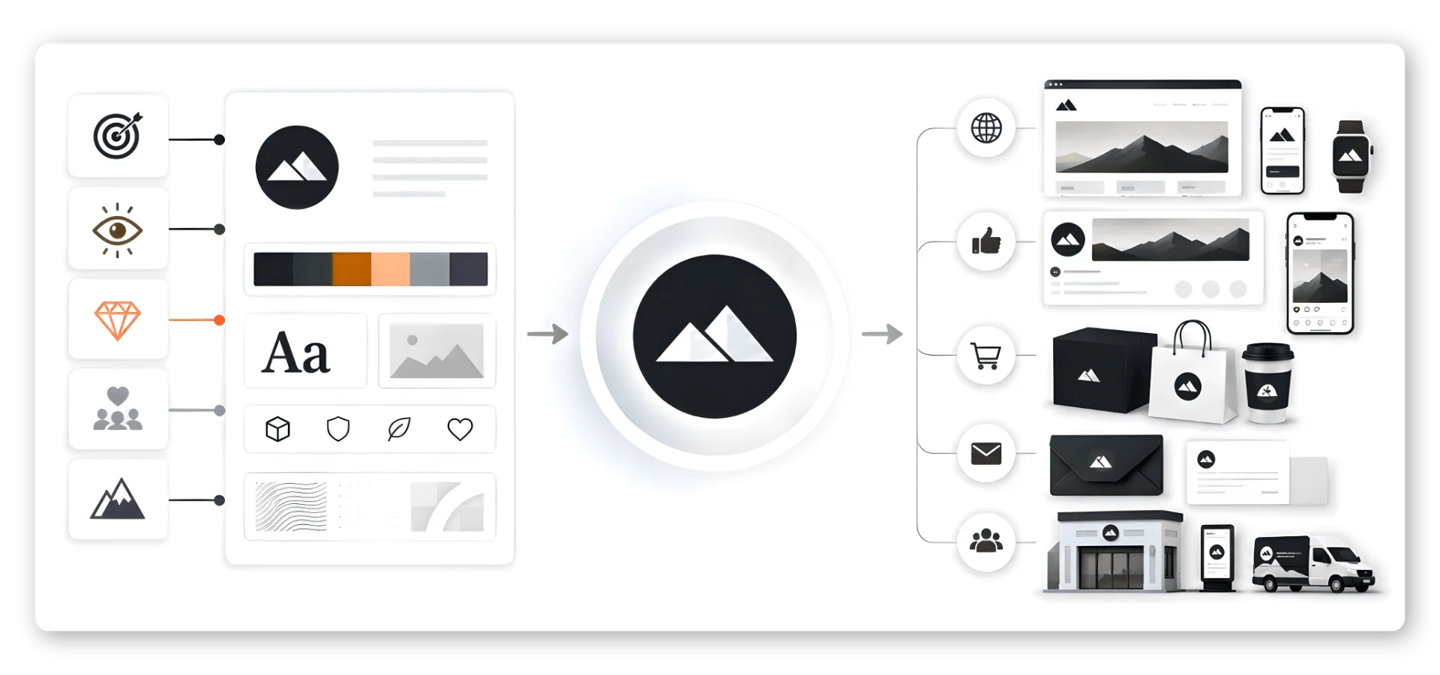 A visual diagram showing a brand identity design system applied to digital devices and physical marketing materials.