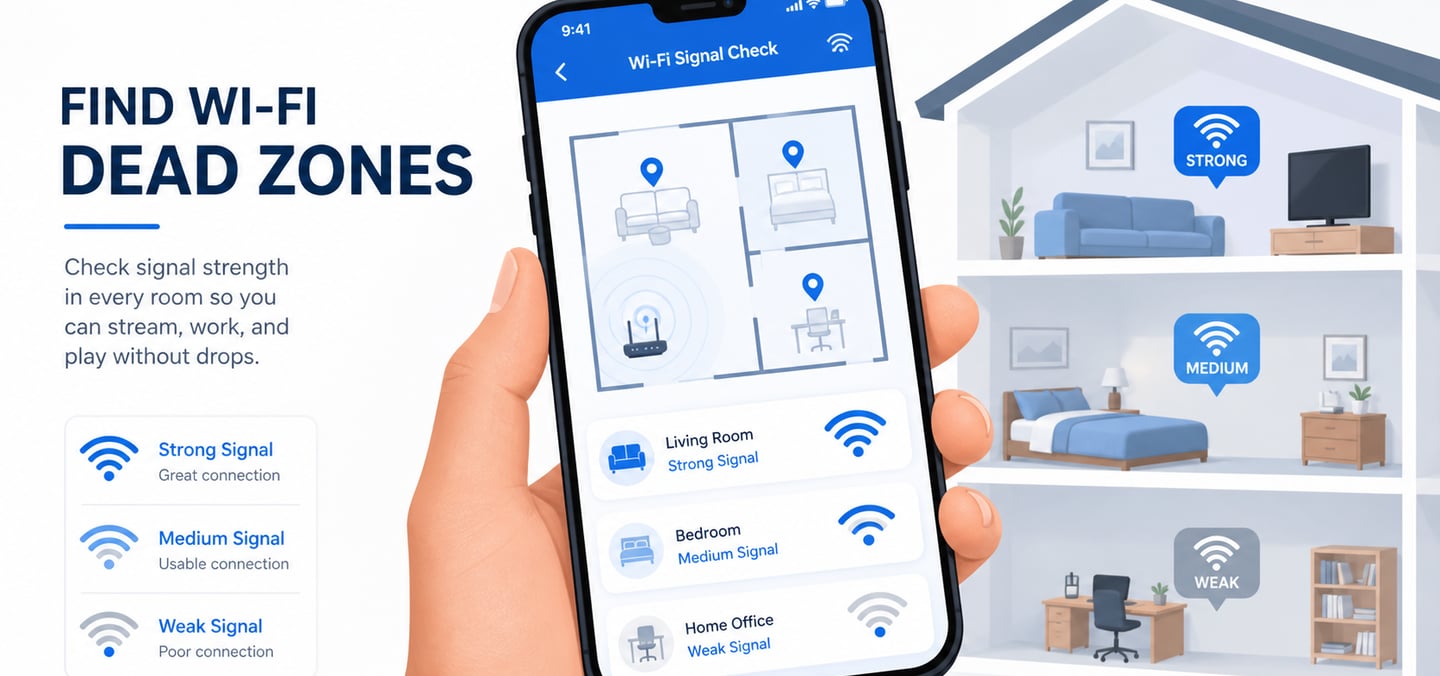 Phone checking Wi-Fi signal strength in different rooms at home.Infographic
