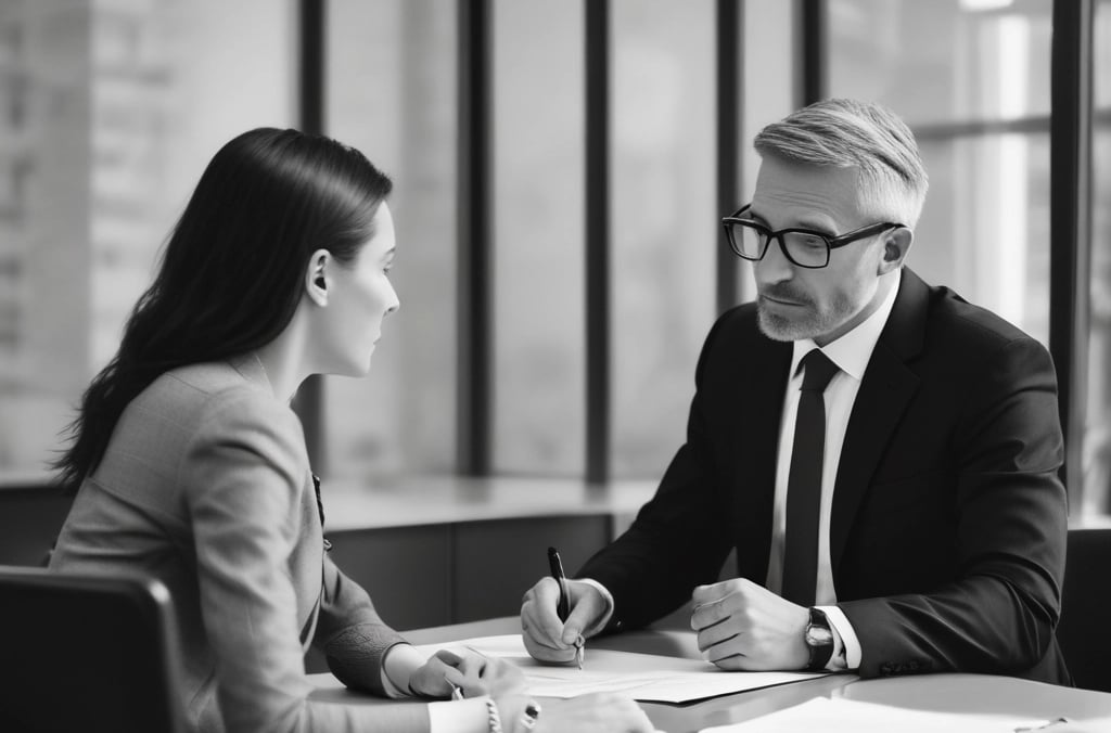 Professional business team collaborating in a modern office setting with strategic charts on a screen.