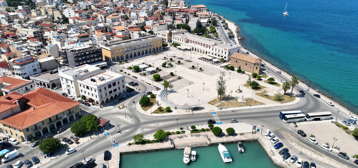 Main square of Zakythnos Dionisio's Solomos walkable distance from Villa Galanoussa