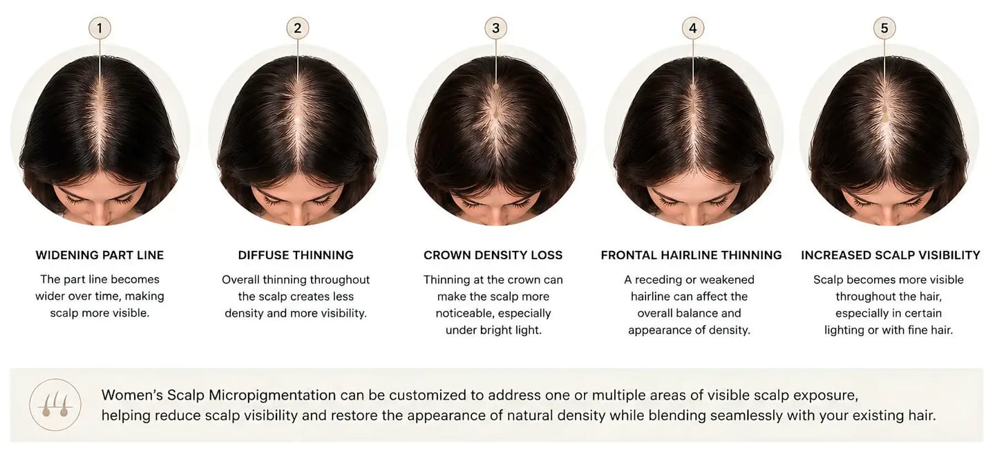 Diagram showing five stages of female hair loss patterns and thinning hair for scalp micropigmentation.