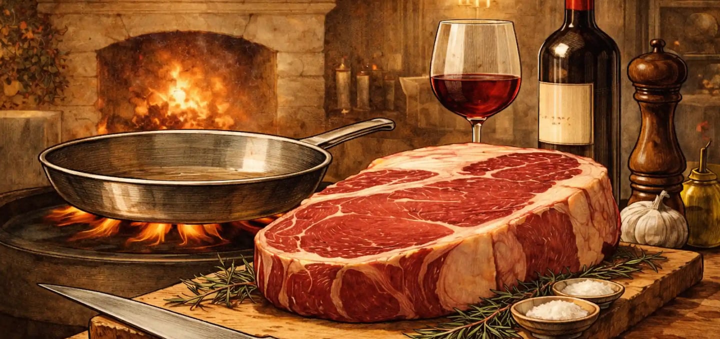Une cote de boeuf et une poele en inox