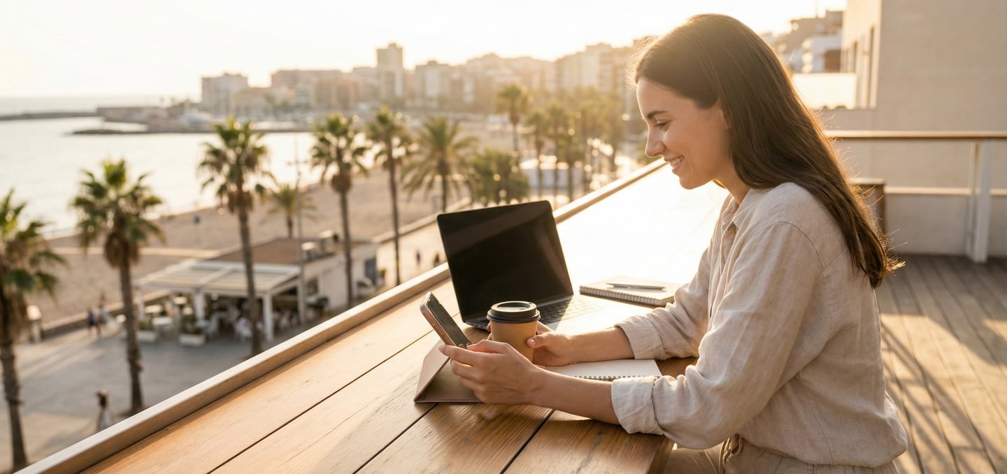 Remote worker enjoys seaside workspace with phone, laptop, and coffee.