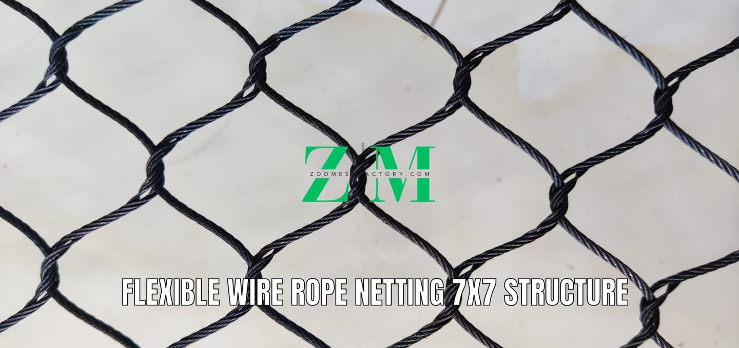 Close-up of hand-woven flexible wire rope netting made from 304 stainless steel, showing the diamond