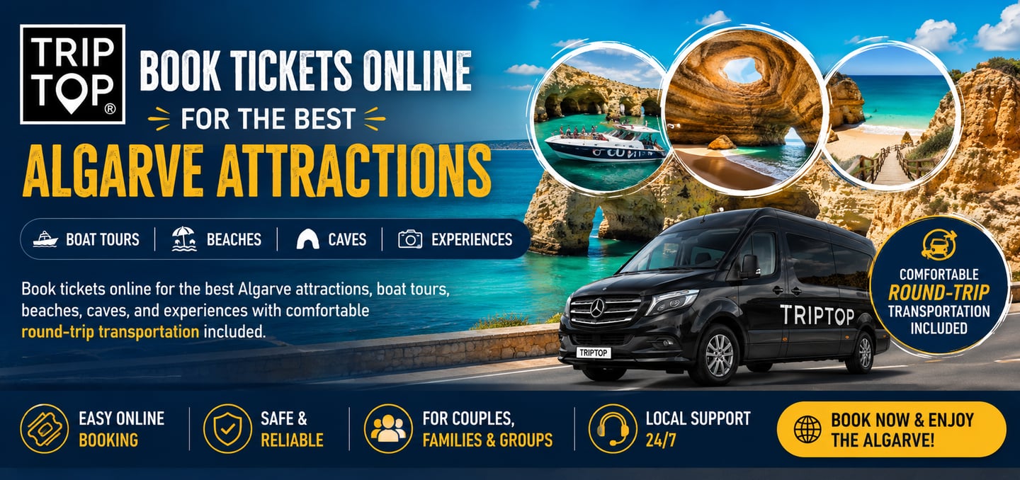 Book tickets online for Algarve attractions, boat tours, and caves with round-trip transportation in a black van.