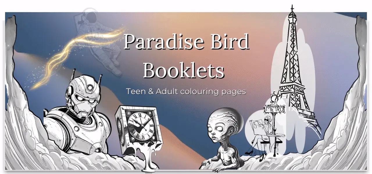 Header for paradise bird booklets shop selling coloring pages 