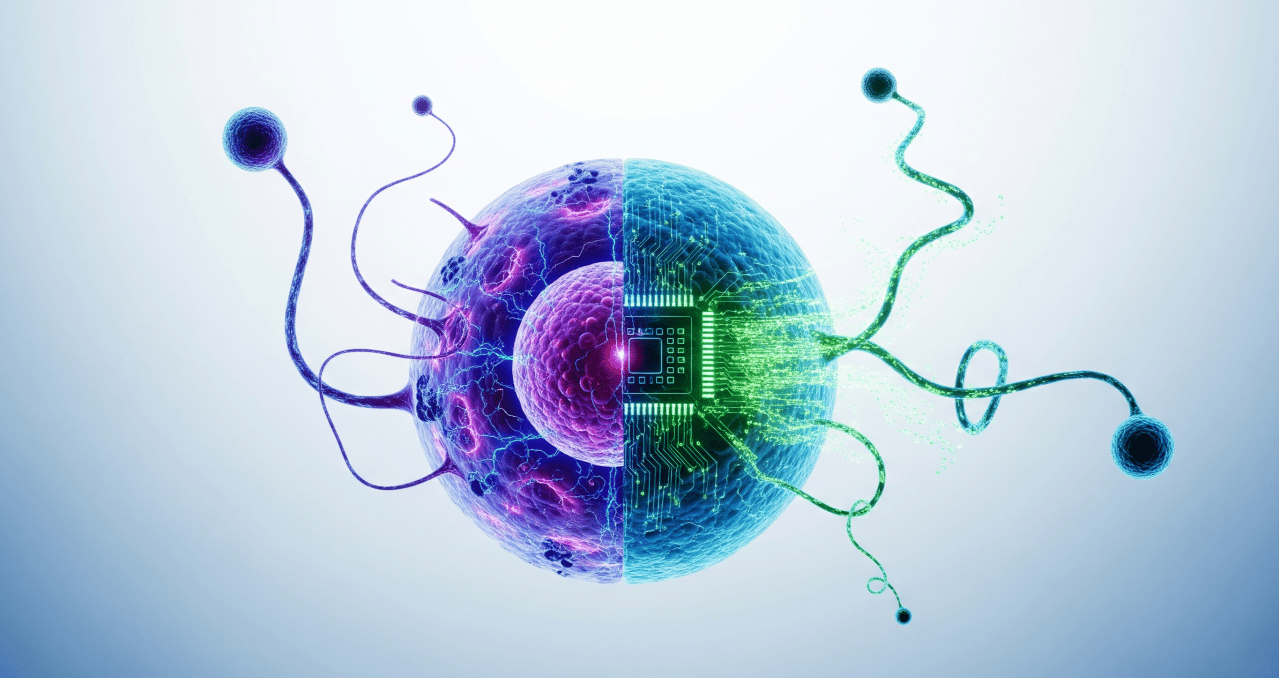 Half-biological, half-digital sphere illustrating the fusion of bioengineering and AI systems.