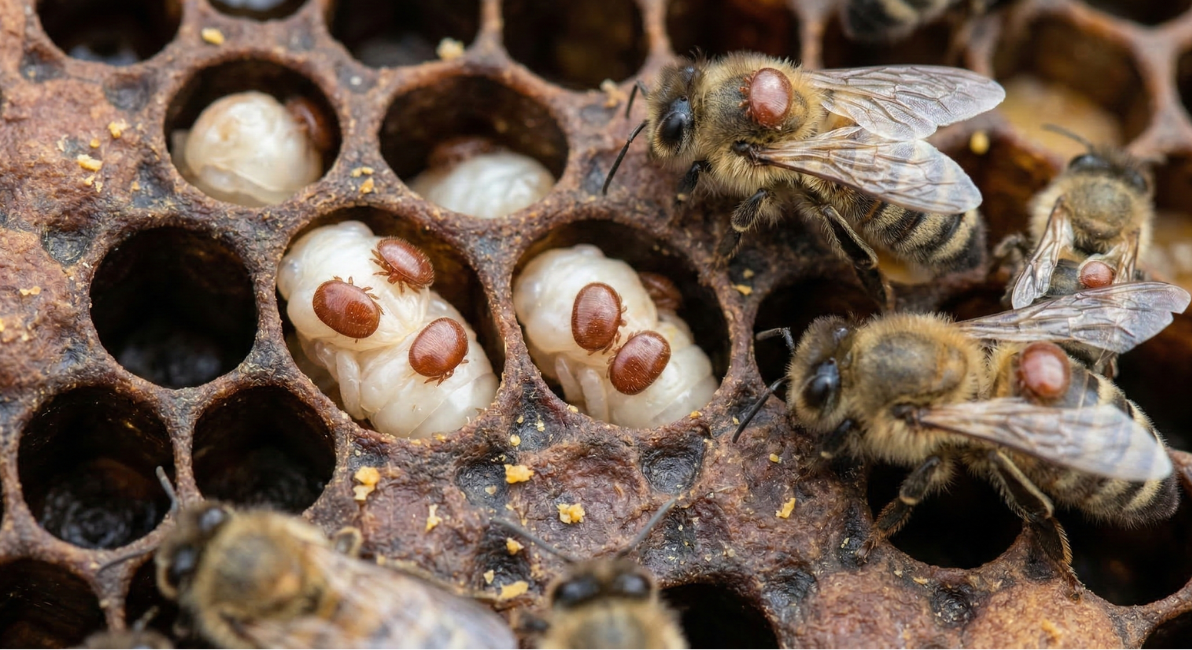 Varroa mites infesting honey bee larvae and adult bees inside a honeycomb hive.