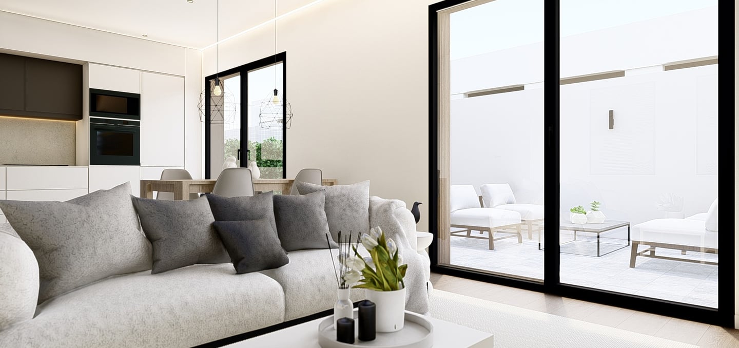 a living room with a couch and a table