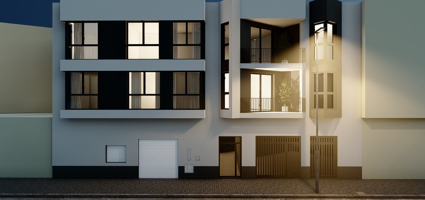 a building with a large window and a street light