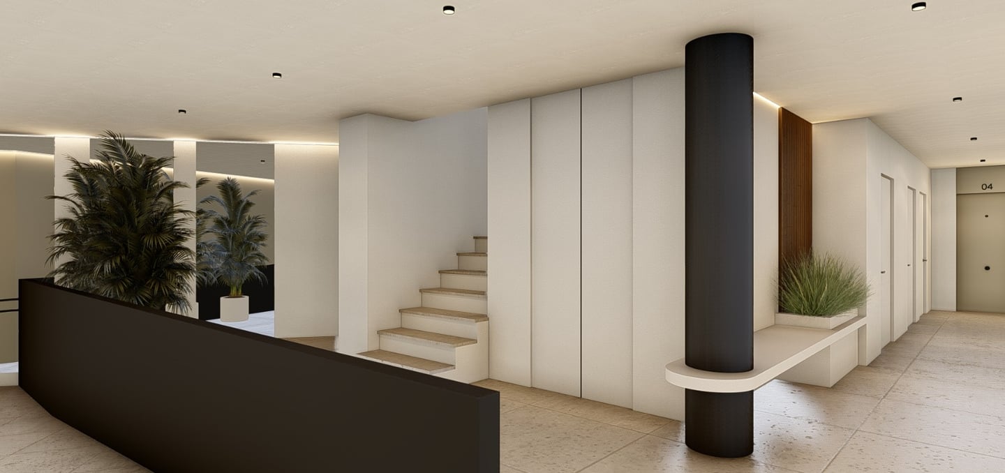 a modern looking room with a staircase leading to the stairs