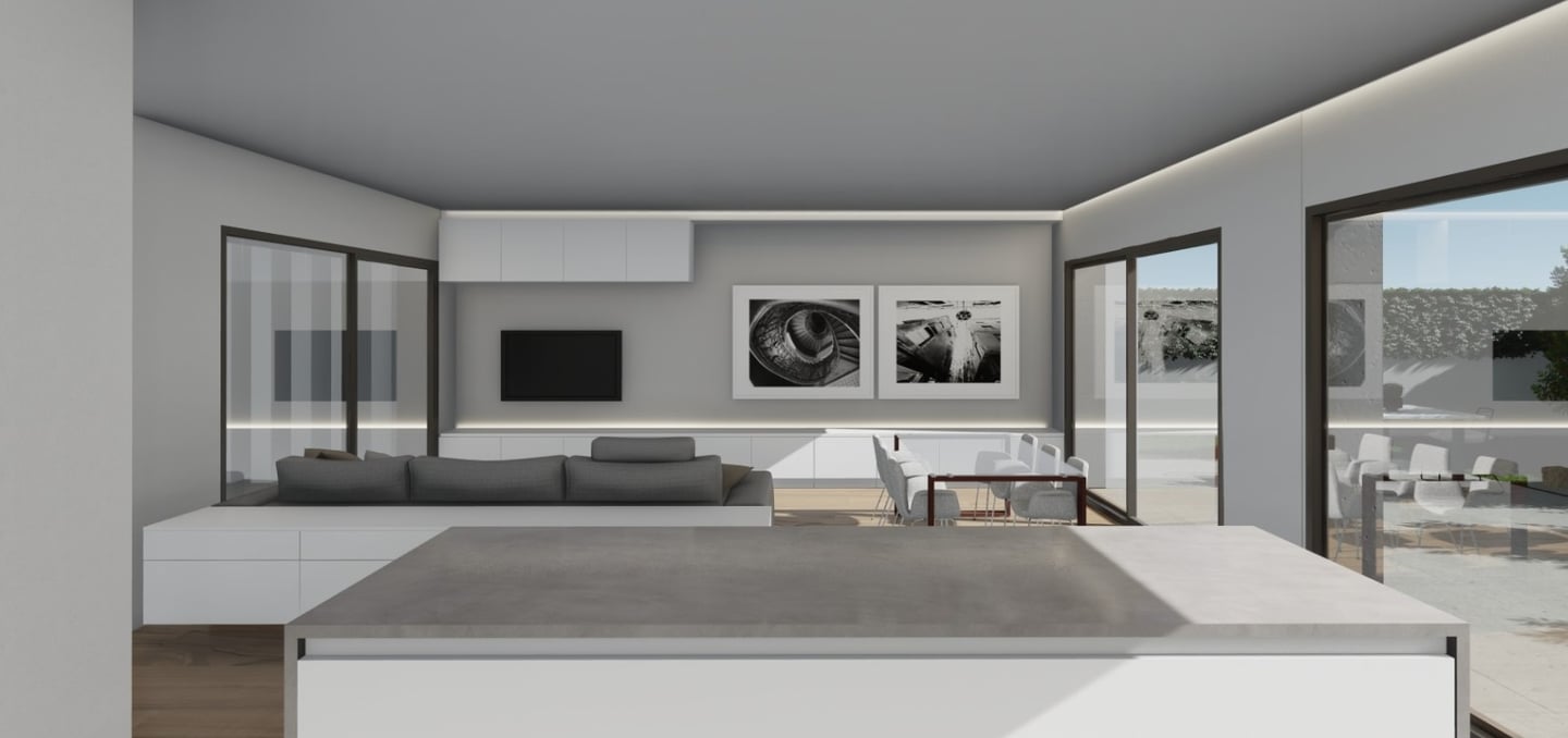 a modern living room with a large open space