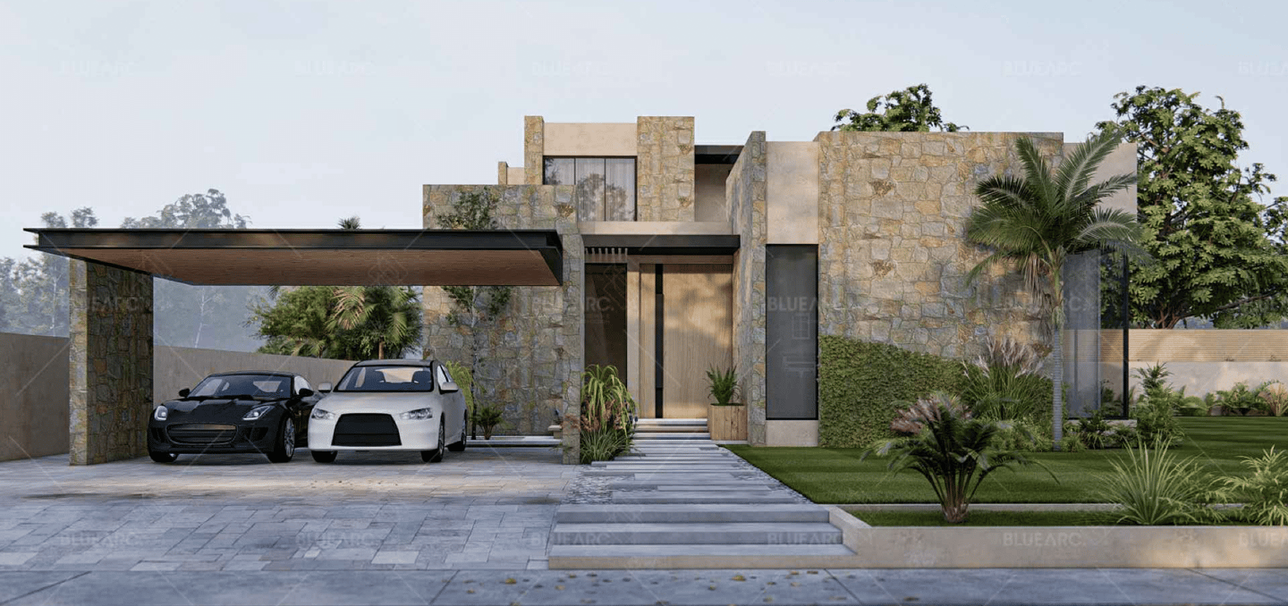 a car parked in front of a house