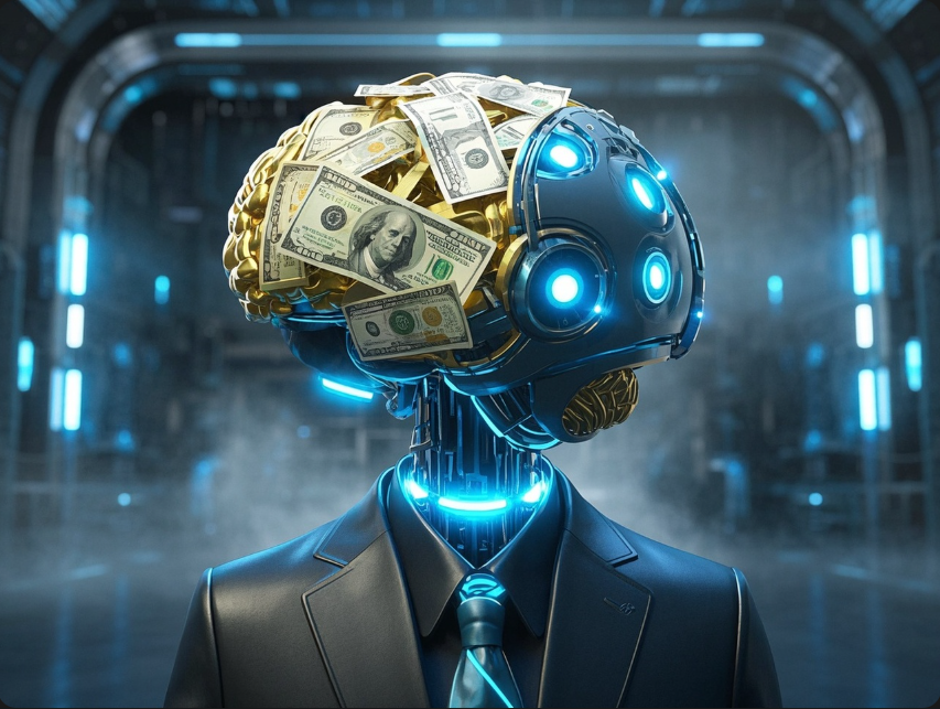 ai robot with a  brain made up of money representing ai and psychology in finance.