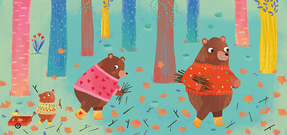 Children’s book illustrator style – whimsical bear family in green forest