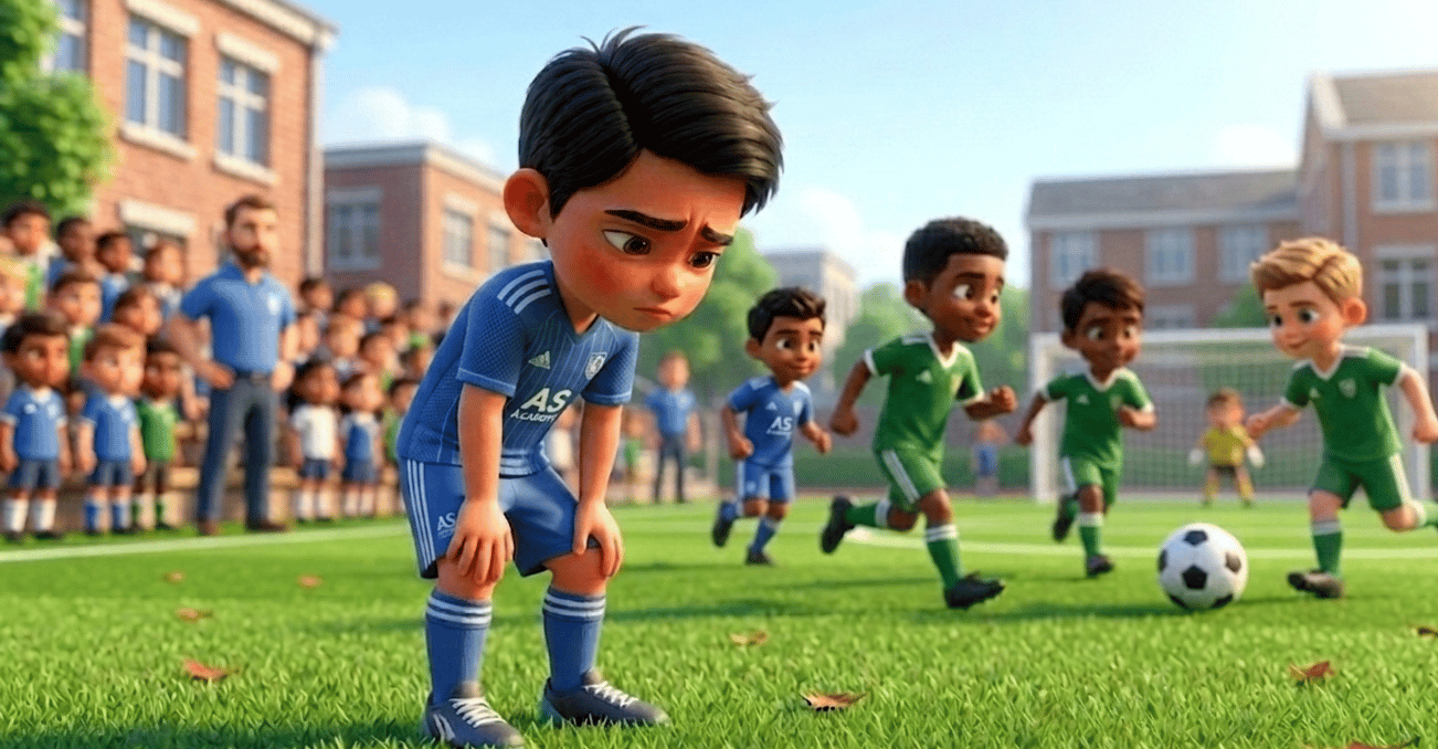 Sad young soccer player standing on a green field during a school football match.