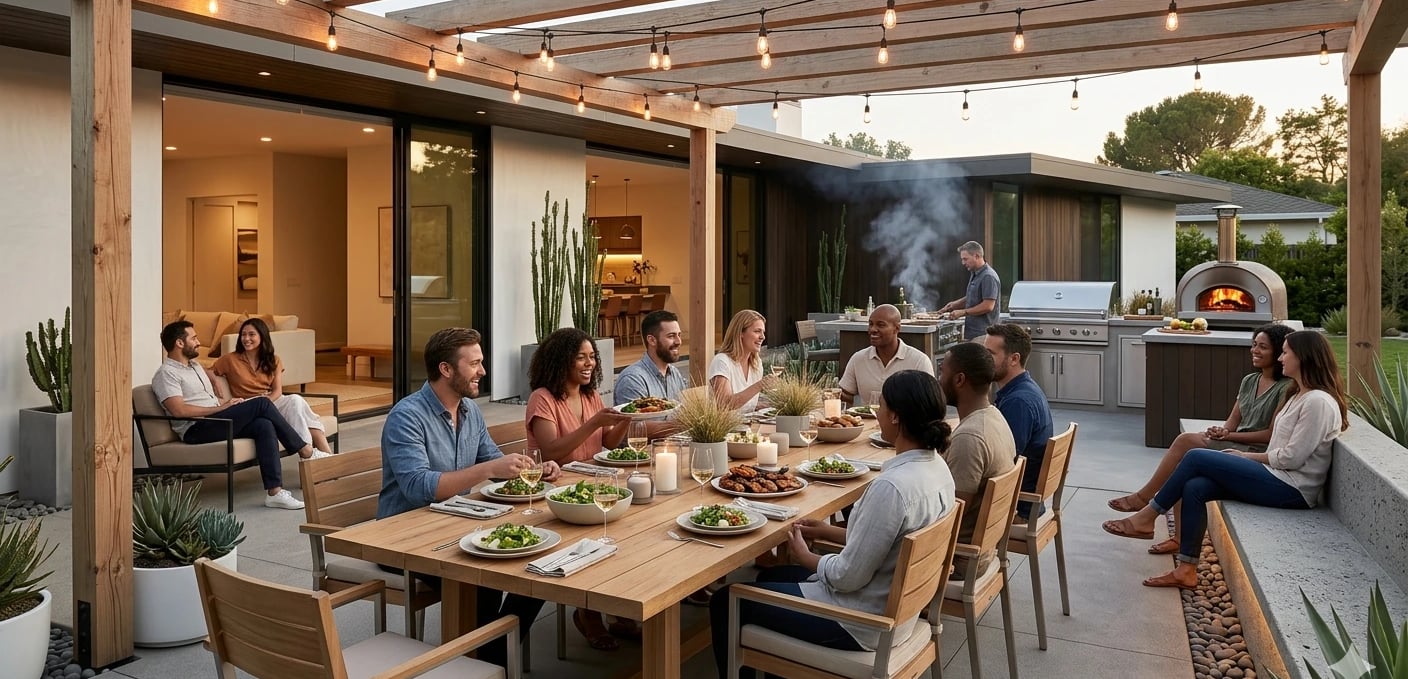 Outdoor patio dining area with table setup, chairs, and decorative lighting for evening gatherings