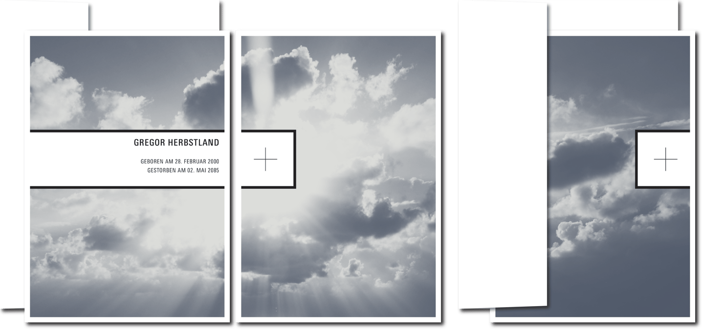 Beispiel für Drei-Karten-Design mit Umschlag, Himmelmotiv in sanftem Blau