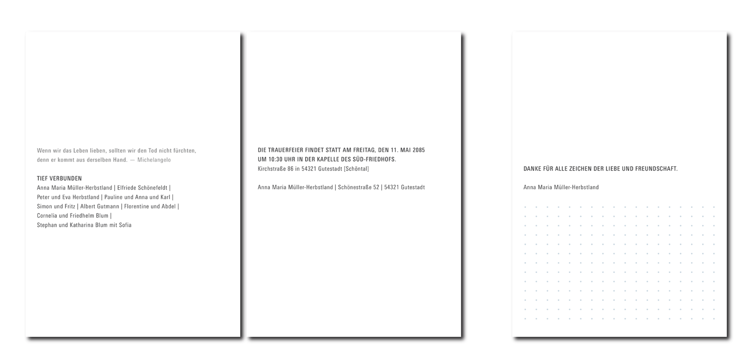 Beispiel für Textanordnung auf Trauerkarte und Danksagung