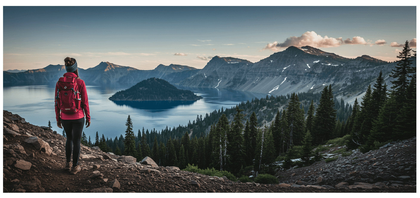 Women Traveler using versatile clothing during Crater Lake National Park travel