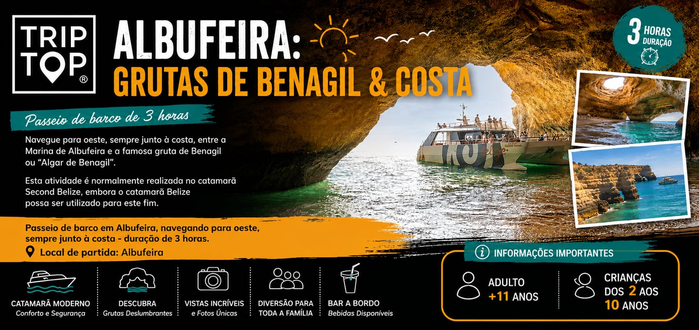 Trip Top boat tour banner for Albufeira to Benagil Caves featuring a catamaran in a sea cave.