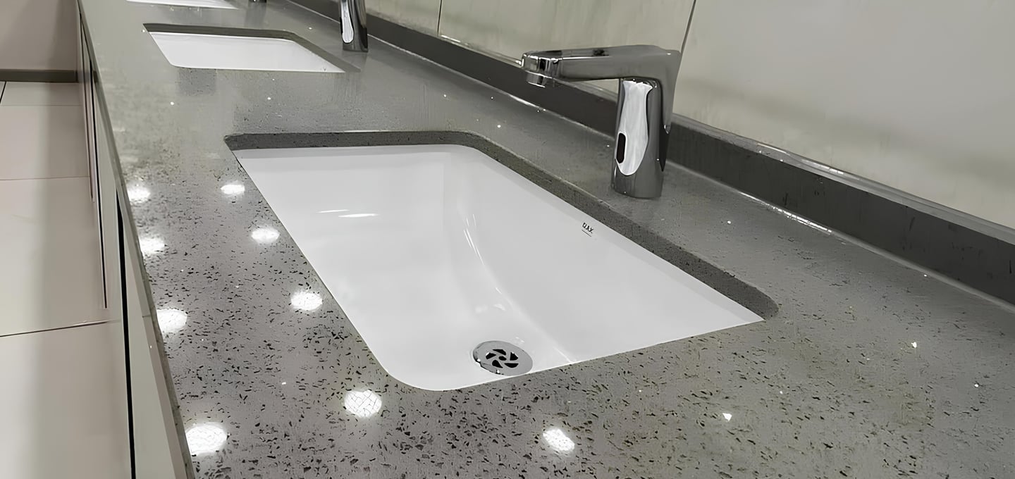 Quartz vanity worktops by RH Stone Surfaces, installed for trade projects in the North East