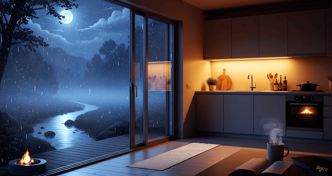 A cozy kitchen in the summer evening. A full moon and raining foggy air fills the outside.. The soun