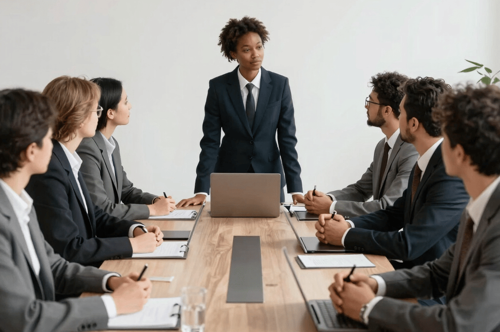 A sleek, modern office space with a team collaborating over marketing strategies, reflecting professionalism and focus.