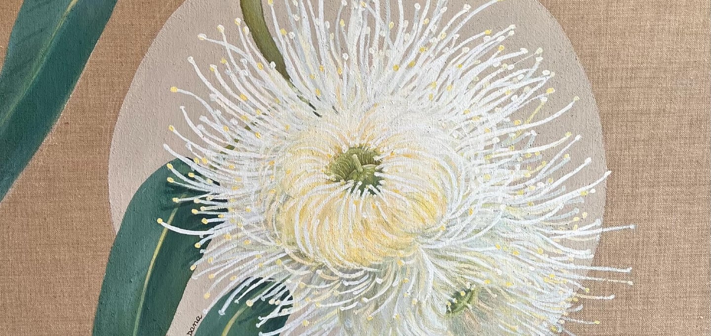 Détail de peinture acrylique sur toile de jute, titre de l’œuvre : "Eucalyptus"